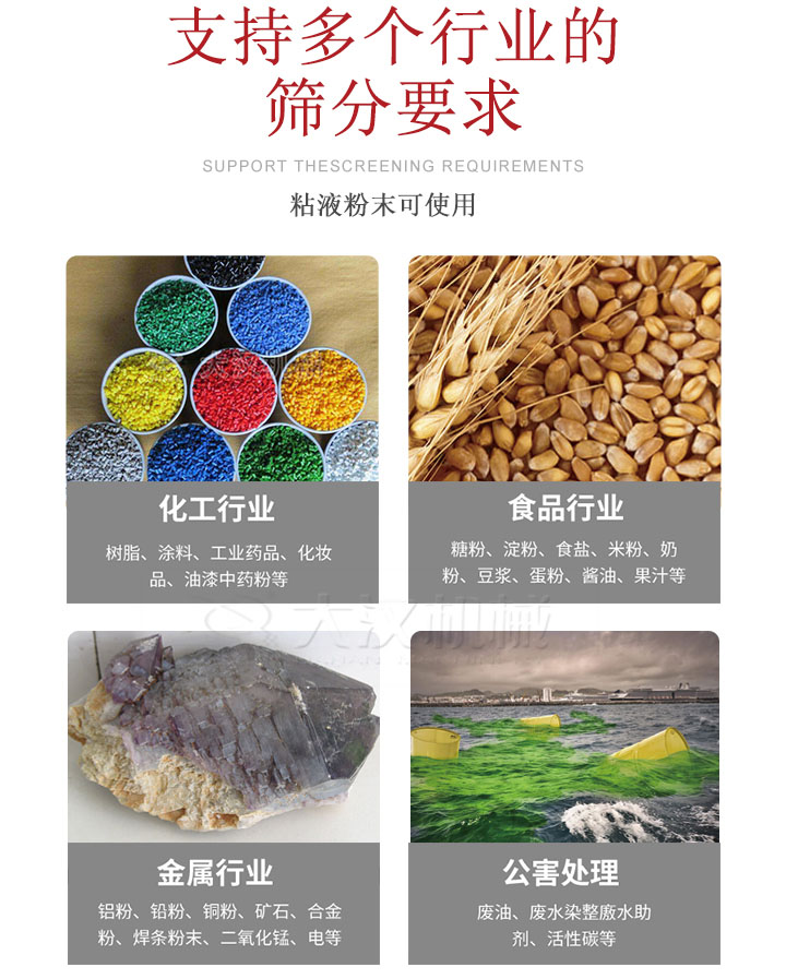 適用于化工行業，食品行業，金屬行業，以及公害處理等行業。化工行業：樹脂，涂料，工業藥品，化妝品，油漆，中藥粉等;食品行業：糖粉，淀粉，食用鹽，米粉，奶粉，豆漿，蛋粉，醬油，果汁等;金屬行業：鋁粉，鉛粉，銅粉，礦石，合金粉，焊條粉末，二氧化錳，電等。公害處理：廢油，廢水染整廒水助劑，活性炭等。超聲波振動篩支持挑選定制常見的有：不銹鋼，碳鋼，全不銹鋼三種規格。不銹鋼：耐腐蝕，耐高溫適合化工行業,碳鋼：鋼性強，硬度高經久耐用,全不銹鋼：機身經久耐用不易生銹不易腐蝕超聲波振動篩共有一到四層可供選擇。大漢超聲波振動篩優勢：篩分效率高，篩分精度高，產量可提高0.5-10倍適用于：大米，米粉，綠豆，小米等。輕松解決堵網問題適用10目-635目之間的物料。