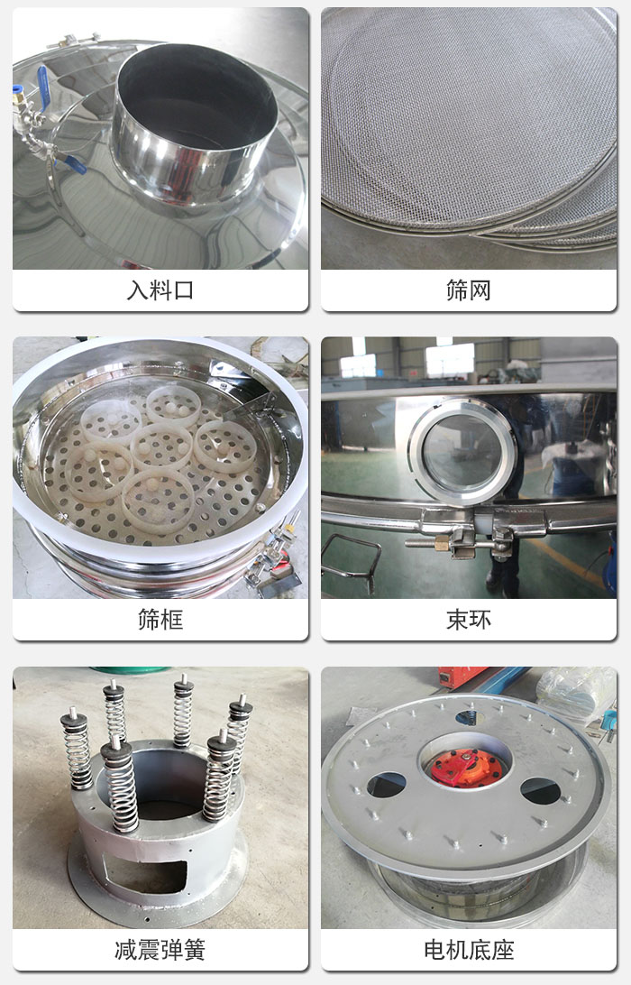 醫藥振動篩有電機底座，減震彈簧，束環，篩框，入料口，篩網等部件展示。